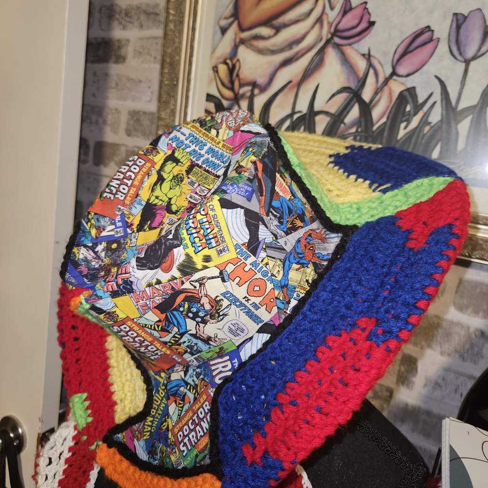 Colorful Crochet COWBOY Hat with Comic Book Lining